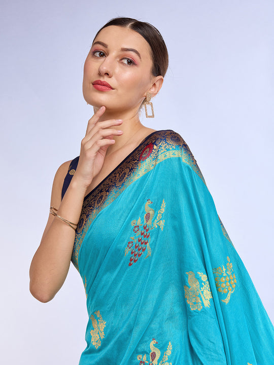 Blue Pure Silk Saree With Blouse Piece