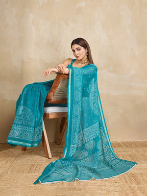 Pure Chiffon Bandhani Printed Saree With Viscose Woven Border And Blouse Piece