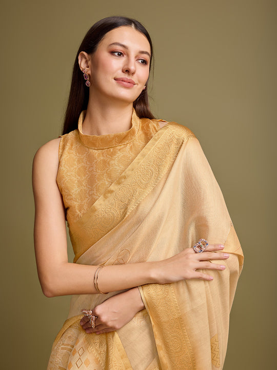 Yellow Silk Blend Saree With Blouse Piece