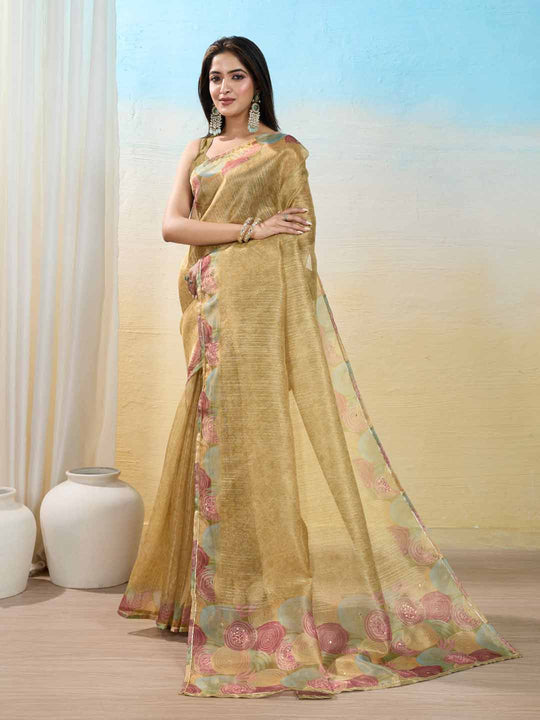 Yellow Organza Zari Woven Printed Saree With Hand-Sequence Embellishment Saree With Blouse Piece