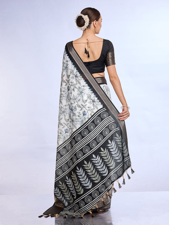 White & Black Dola Silk Saree With Blouse Piece