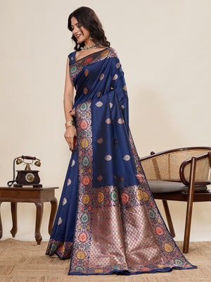 Blue Pure Jacquard Fabrics With Sona Chandi Pure Zari Work Saree With Blouse Piece
