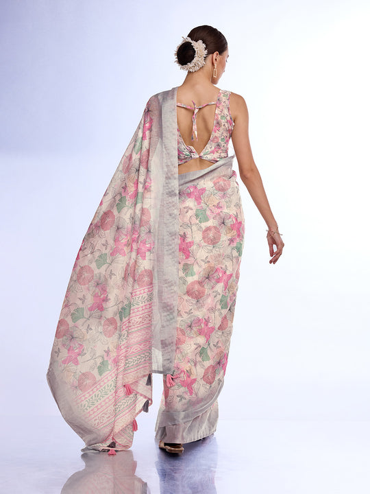 Cream Linen Blend Saree With Blouse Piece