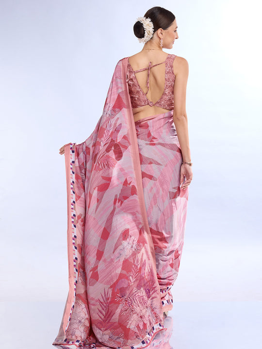 Light Pink Satin Saree With Blouse Piece