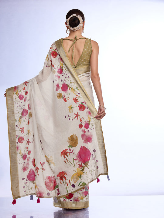 White Linen Blend Saree With Blouse Piece