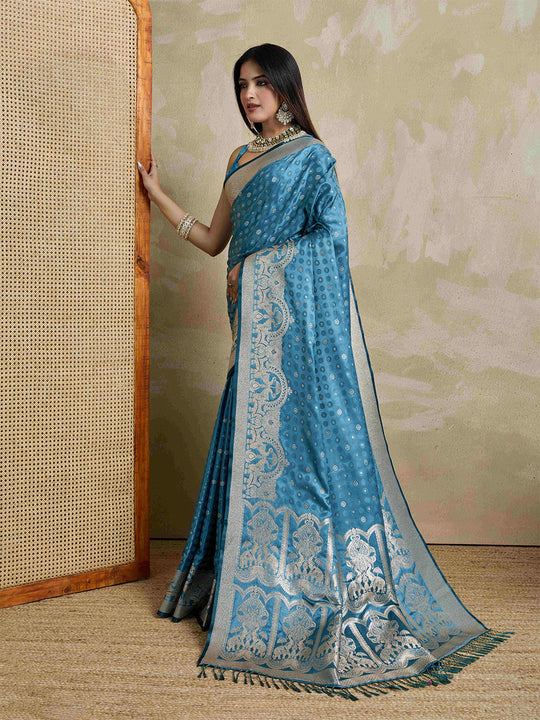 Blue Pure Satin Banarasi Saree With Tassels Saree With Blouse Piece