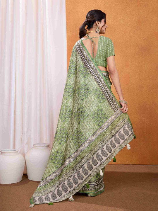 Green Pure Tussar Silk Ajrakh Block Printed With Blouse Piece