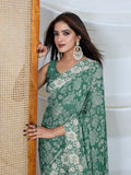 Poly Georgette Geometric Print Saree With Embroidery And Scaloping Work With Unstitched Blouse Piece