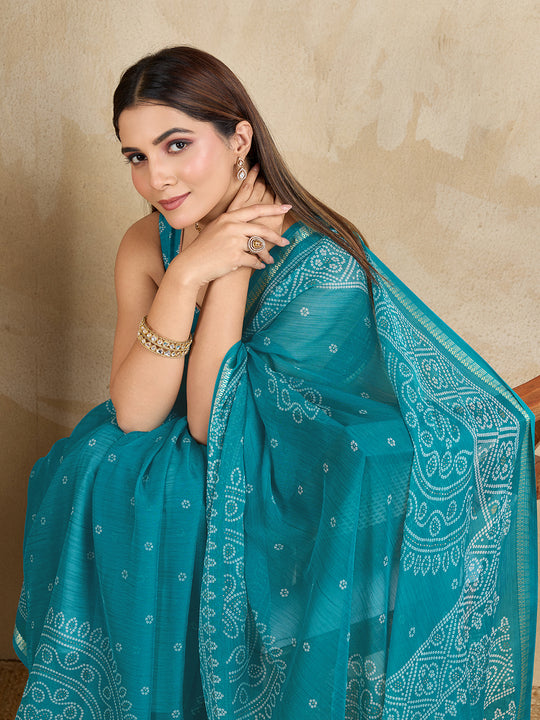 Pure Chiffon Bandhani Printed Saree With Viscose Woven Border And Blouse Piece