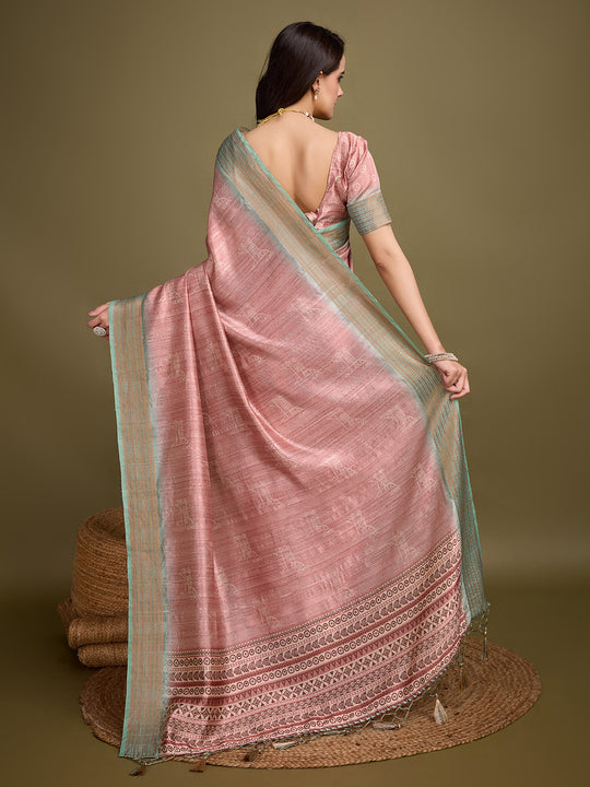Pink Silk Blend Saree With Blouse Piece
