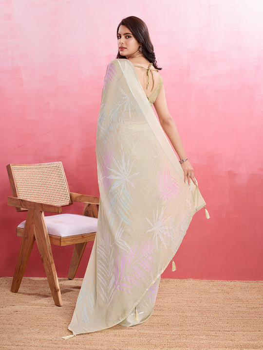 Beige Silk Georgette Festive Wear Saree With Blouse Piece