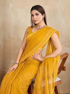 Pure Chiffon Bandhani Printed Saree With Viscose Woven Border And Blouse Piece
