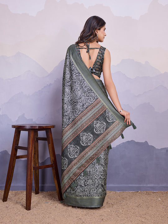 Grey Poly Silk Festival Saree With Blouse Piece