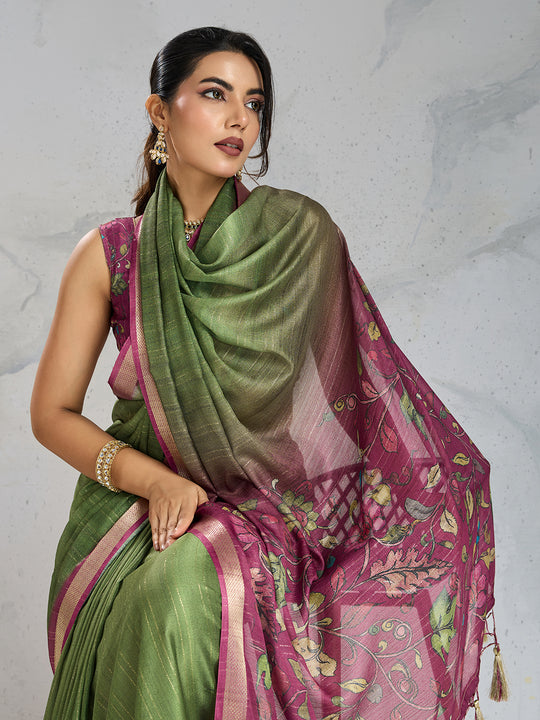 Pure Chiffon Digital Printed Woven Saree With Woven Border And Fancy Tassels