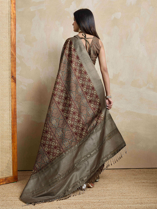 Brown Pure Handloom Tussar Woven Pallu Ajrakh Printed With Blouse Piece