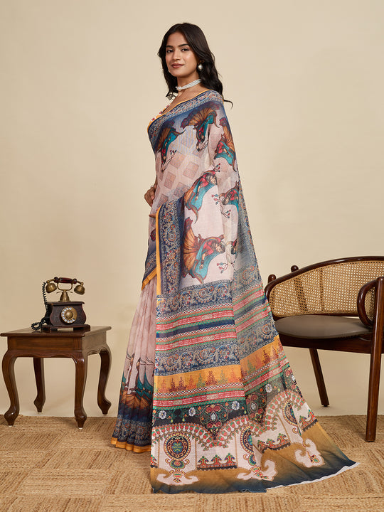 White Linen Saree With Jari Border All Over Single Colour Printed Saree With Blouse Piece