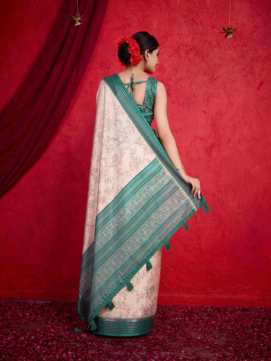 Offwhite Pure Tussar Viscose Border Paisley Digital Printed With Blouse Piece