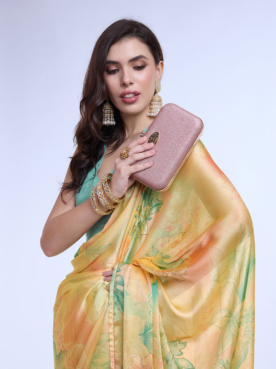 Lime Green Poly Chiffon Festive Wear Saree With Blouse Piecde