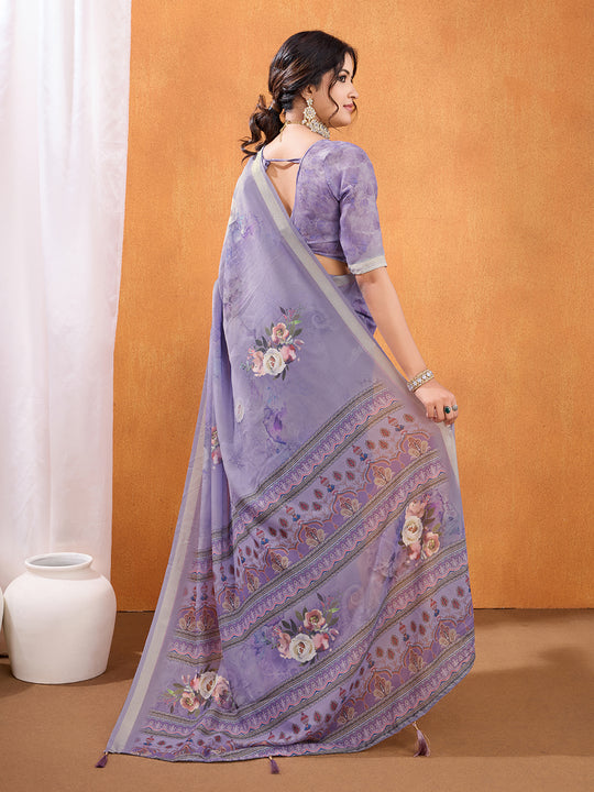 Purple Poly Crepe Party Wear Saree With Blouse Piece