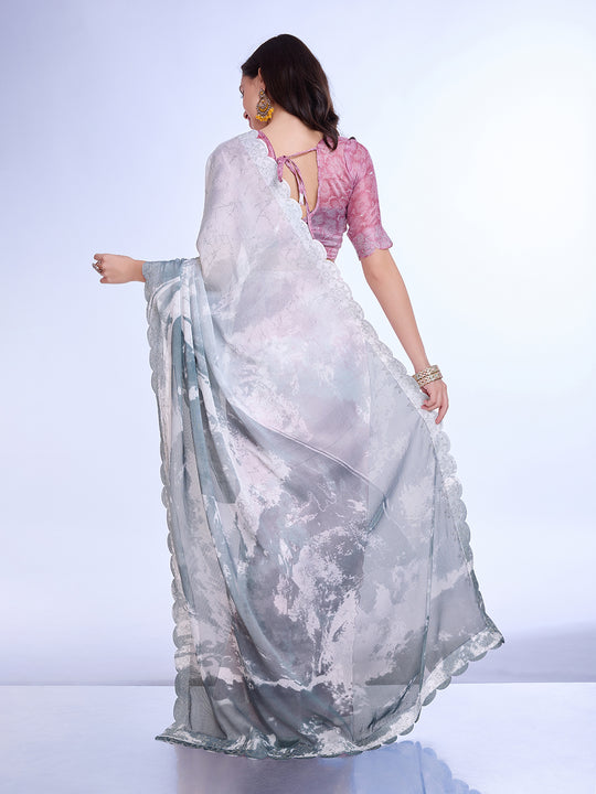 Grey Poly Chiffon Festival Saree With Blouse Piece