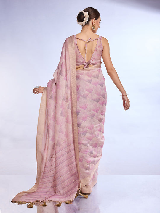 Pink Tissue Linen Blend Saree With Blouse Piece