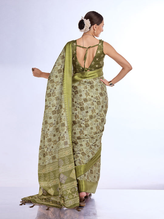 Green Tissue Saree With Blouse Piece