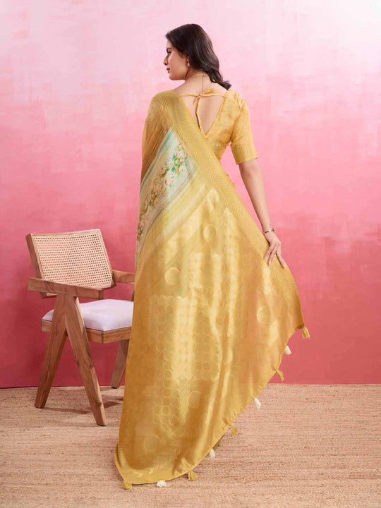 Yellow Cotton Banarasi Woven Rich Pallu Printed Saree With Blouse Piece