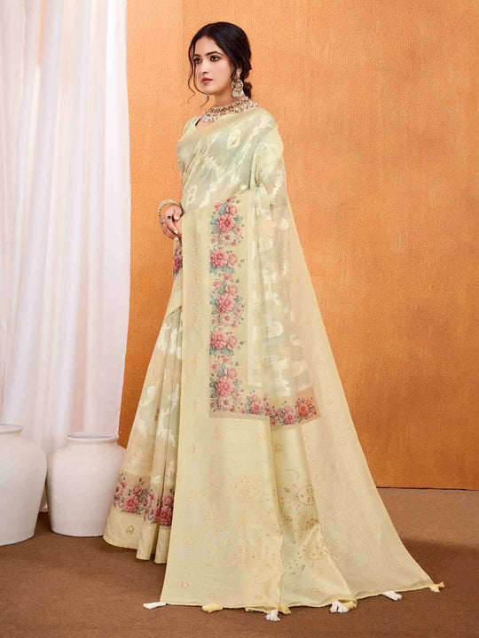 Yellow Pure Cotton Lucknowi Woven Banarasi Saree With Ombre Floral Prints