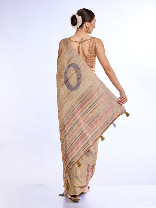 Beige  Linen Blend Saree With Blouse Piece