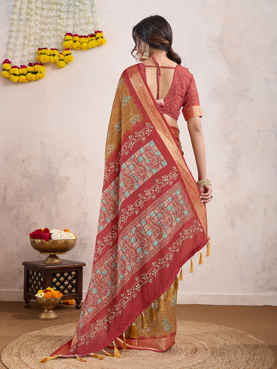 Mustard Yellow Poly Crepe Festive Wear Saree With Blouse Piece