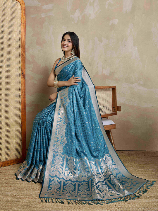 Blue Pure Satin Banarasi Saree With Tassels Saree With Blouse Piece