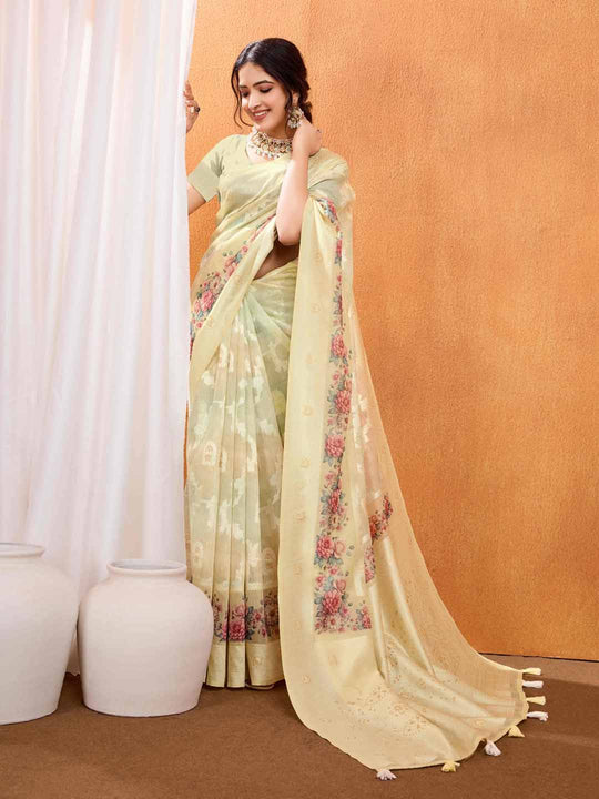 Yellow Pure Cotton Lucknowi Woven Banarasi Saree With Ombre Floral Prints