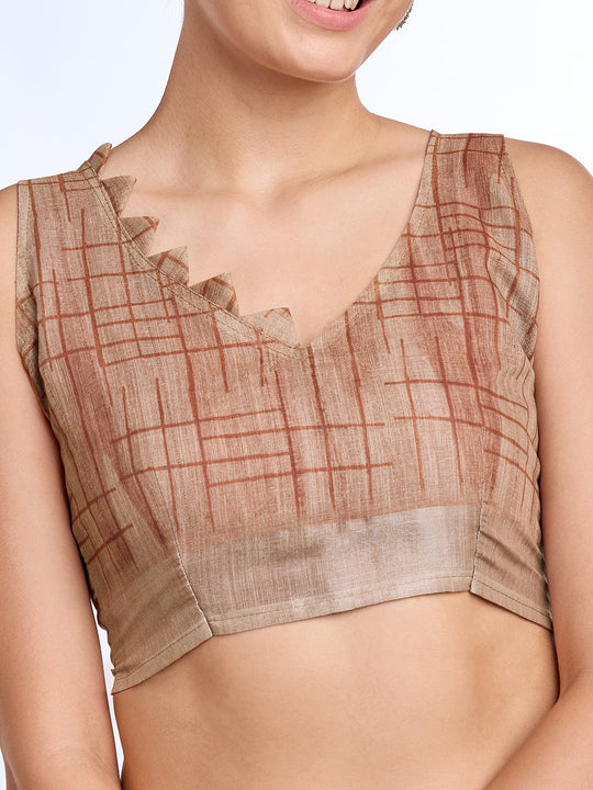 Beige  Linen Blend Saree With Blouse Piece