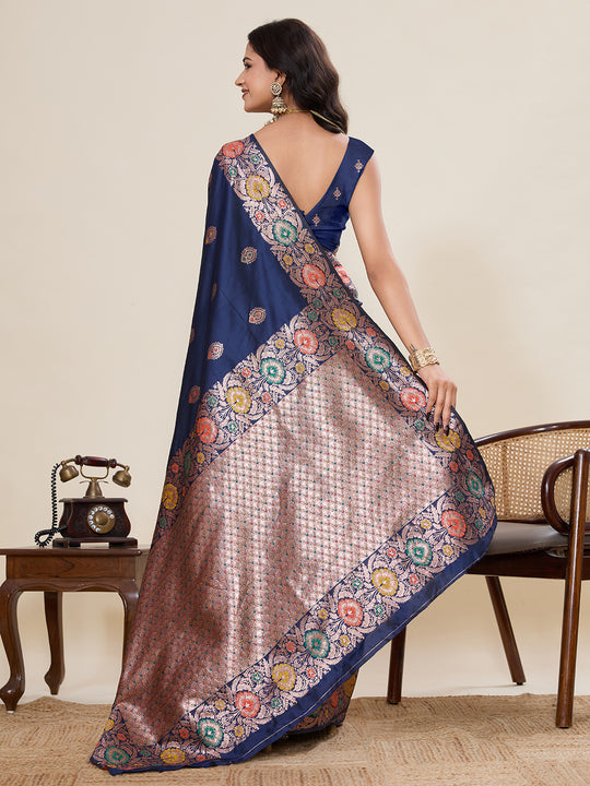 Blue Pure Jacquard Fabrics With Sona Chandi Pure Zari Work Saree With Blouse Piece
