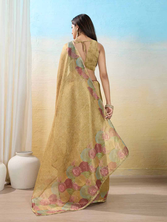 Yellow Organza Zari Woven Printed Saree With Hand-Sequence Embellishment Saree With Blouse Piece