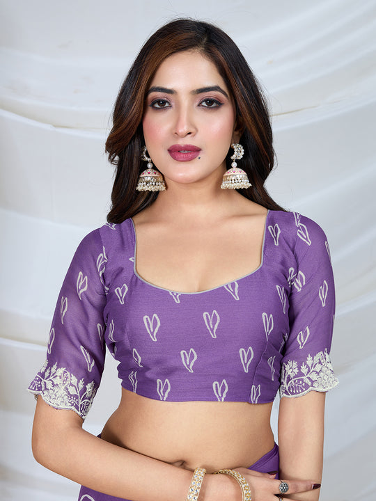 Poly Georgette Geometric Print Saree With Embroidery And Scaloping Work With Unstitched Blouse Piece