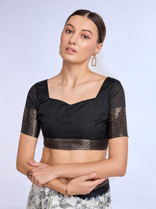 White & Black Dola Silk Saree With Blouse Piece