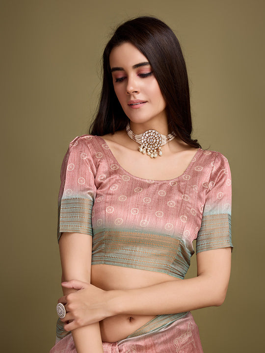 Pink Silk Blend Saree With Blouse Piece