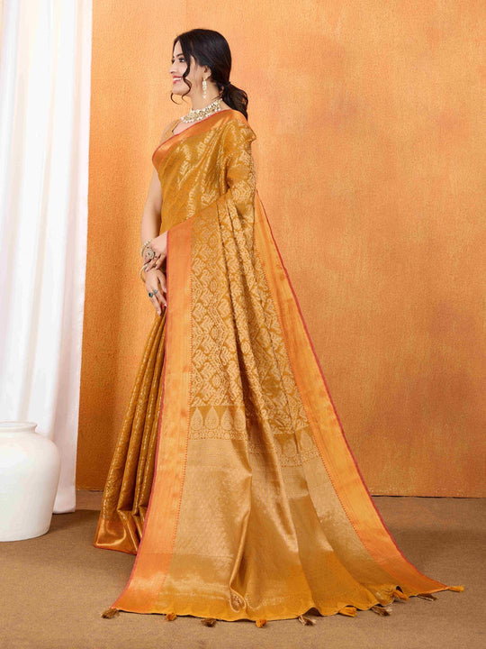 Mustard Yellow Ikkat Woven Kajeevaram Silk Rich Pallu With Blouse Piece