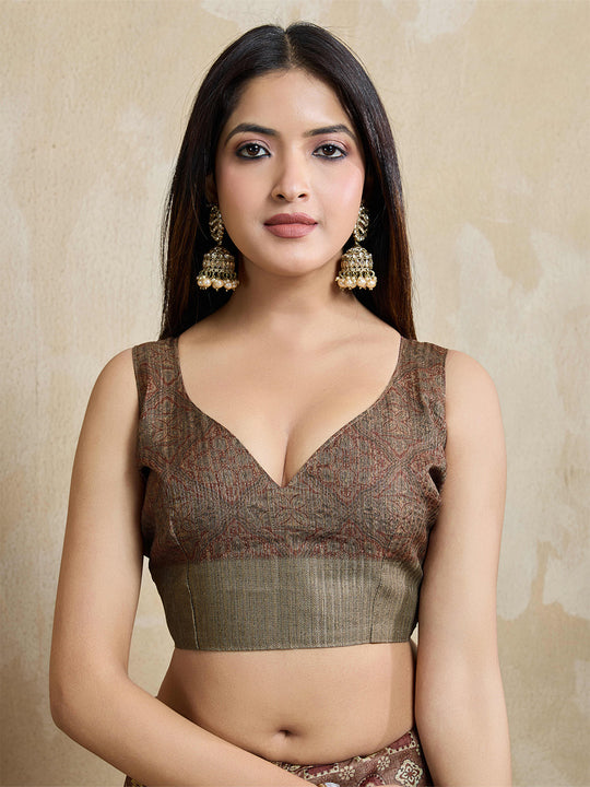 Brown Pure Handloom Tussar Woven Pallu Ajrakh Printed With Blouse Piece