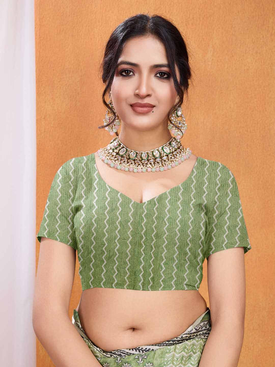 Green Pure Tussar Silk Ajrakh Block Printed With Blouse Piece