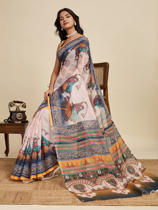 White Linen Saree With Jari Border All Over Single Colour Printed Saree With Blouse Piece