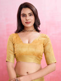 Yellow Cotton Banarasi Woven Rich Pallu Printed Saree With Blouse Piece
