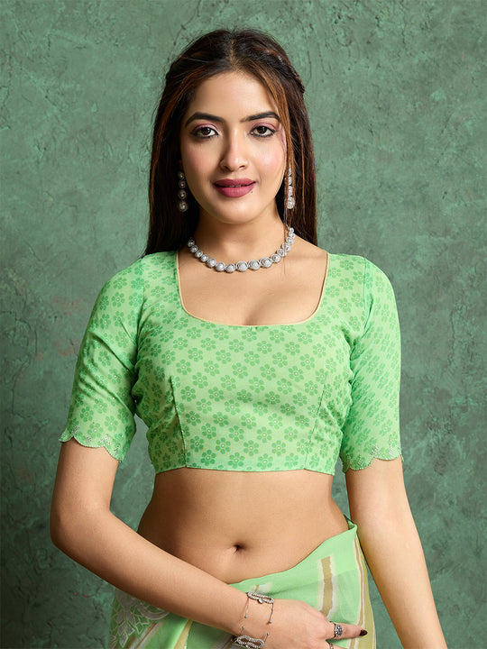 Poly Chiffon Leheriya Printed Saree With A Floral Touch And Swaroski Work With Scalloping