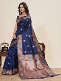 Blue Pure Jacquard Fabrics With Sona Chandi Pure Zari Work Saree With Blouse Piece
