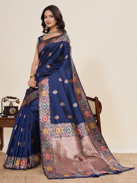 Blue Pure Jacquard Fabrics With Sona Chandi Pure Zari Work Saree With Blouse Piece