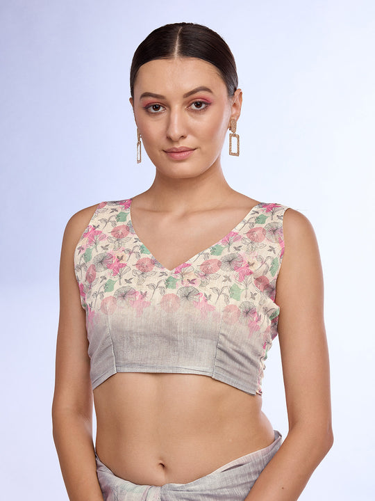 Cream Linen Blend Saree With Blouse Piece