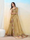 Yellow Organza Zari Woven Printed Saree With Hand-Sequence Embellishment Saree With Blouse Piece