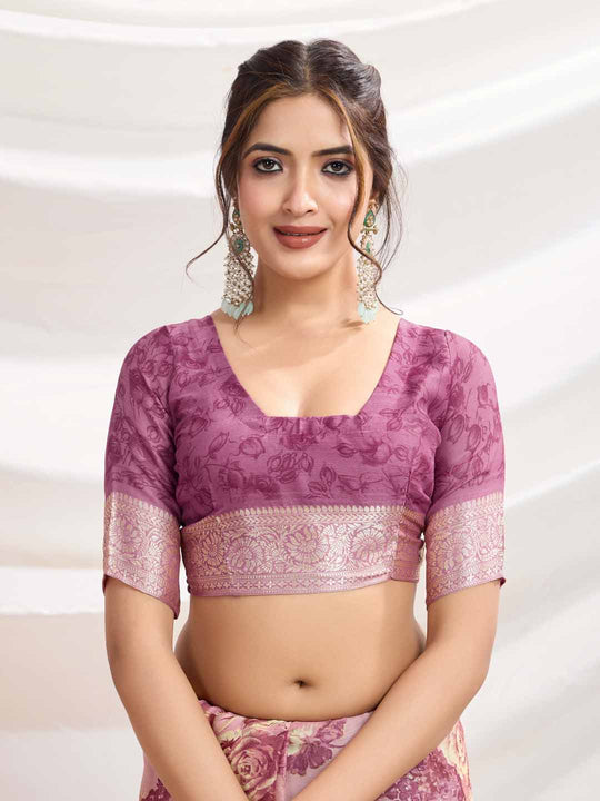 Onion-Pink Silk Chiffon Viscose Border Floral Printed Saree Saree With Blouse Piece
