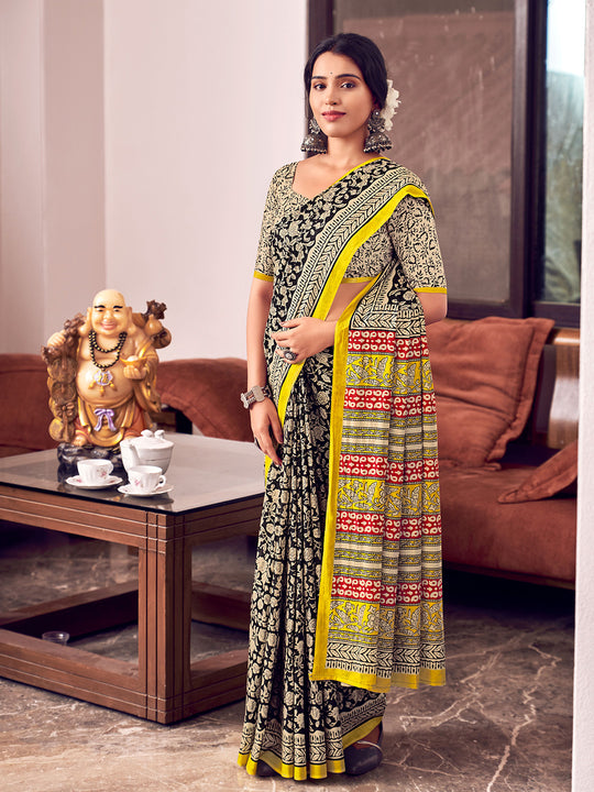 Multi Colour Mulmul Cottons Saree With Blouse Piece